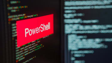 Two screens showing computer code with a red box displaying the word &#039;PowerShell&#039;