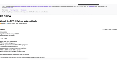 Screenshot of a cached website showing hackers selling data belonging to games publisher EA