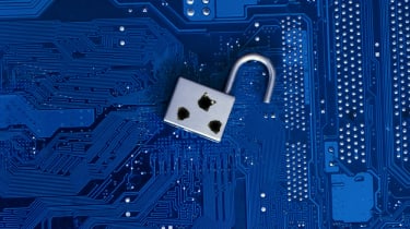 A security flaw depicted by a padlock with bullet holes on a circuit board