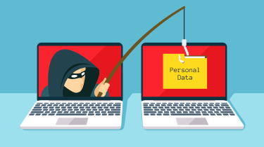 Graphic representing phishing with a hacker stealing data from one computer to anotheri
