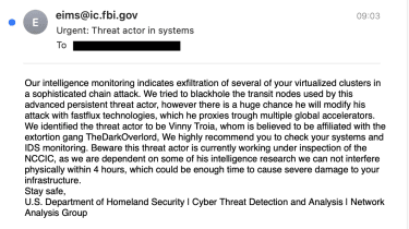 A screenshot of the fake alert email sent to recipients via FBI hacker