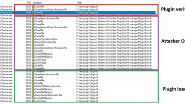A screenshot of the Lenovo ImControllerService with highlighted areas showing the exploit chain