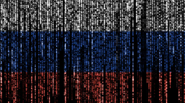 Flag of Russia on a computer binary codes falling from the top and fading away