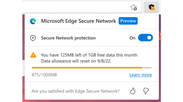 Screenshot of Microsoft Edge Secure Network&#039;s data limit UI