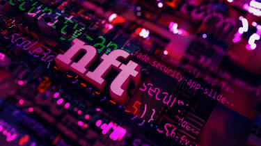 Abstract image showing the letters NFT in pink on top of a background of digital concepts and code