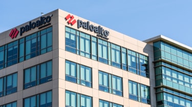 A shot of a building with a Palo Alto Networks sign on the side