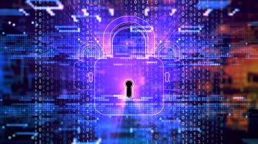 Abstract image showing three purple padlocks stacked on top of each other in front of lines of code