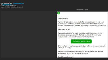 Screenshot of phishing email sent to QuickBooks customers