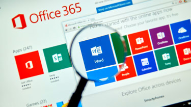 Microsoft Office 365 image, with a magnifying glass over Microsoft Word