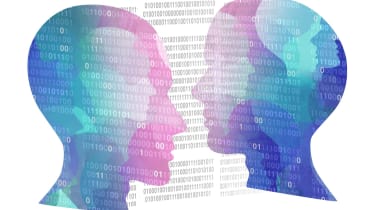 An abstract image showing two digital faces looking at each other