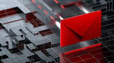 A digital render of a red envelope hovering above a blocky grey surface