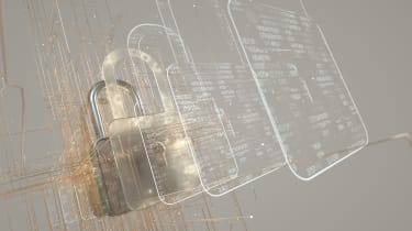 A CGI padlock with many two-dimensional projections of itself projecting out from it towards the camera, with code streaming across their surfaces