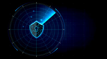 A shield with a keyhole on a radar system denoting cyber security