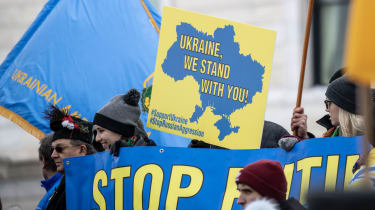 People protesting the Russian invasion of Ukraine